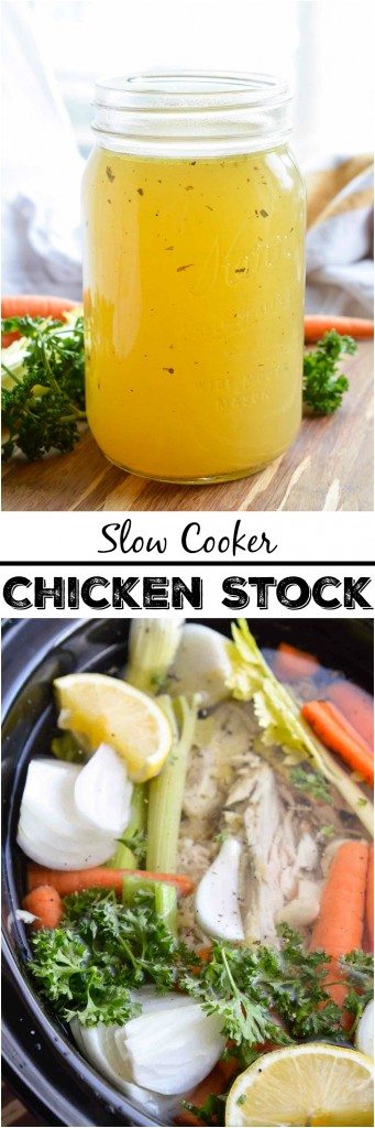 This Homemade Chicken Stock Recipe is so flavorful and easy to make. Just toss the ingredients into your slow cooker and forget about it. 12 hours later you have the most amazing chicken broth just waiting to be used! Whole30, Paleo #whole30recipes #paleorecipes