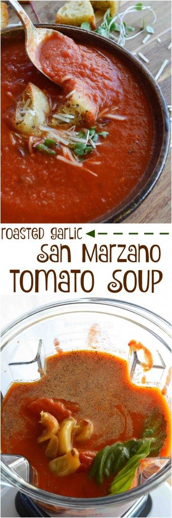 This Easy Tomato Soup Recipe is comfort food at it's best. San Marzano Tomatoes and roasted garlic take this family favorite to the next level! Enjoy a bowl of this healthy homemade soup for lunch or dinner. And instead of sugar I use a secret ingredient to add a hint of sweet . . . spoiler, it is carrot juice!