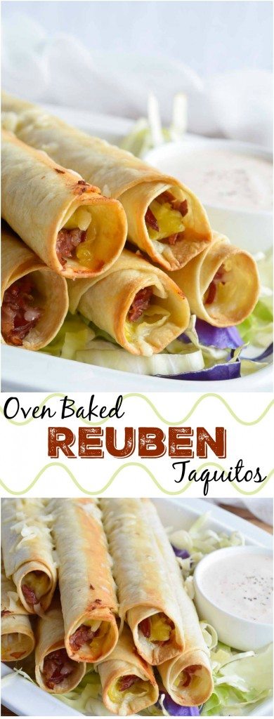 If you have leftover corned beef after Saint Patrick's Day, make this Reuben Stuffed Baked Taquitos Recipe! These homemade taquitos are filled with corned beef, sauerkraut and swiss cheese. Dip them in thousand island dressing for the ultimate meal or snack!