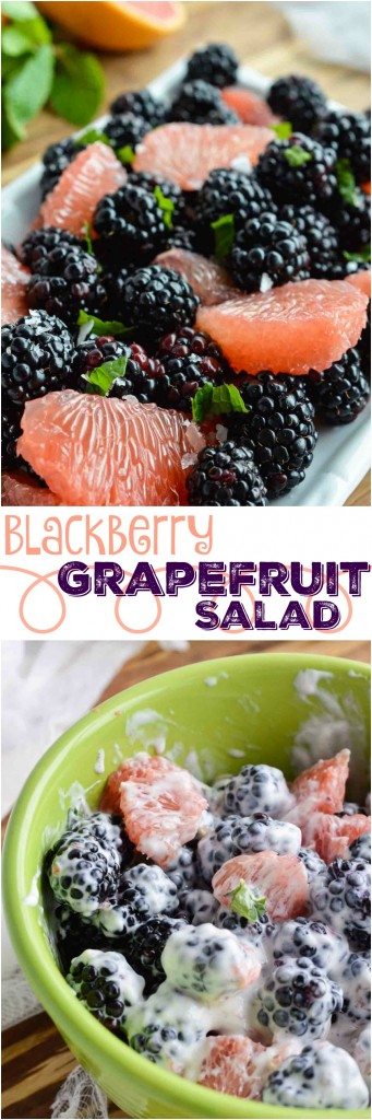 Start your day with this Easy Fresh Fruit Salad Recipe. A simple combination of sweet blackberries, tangy grapefruit, fresh mint and creamy yogurt. Grapefruit Salad is a great way to start each day and the New Year! #freshfruitsalad #fruitsaladrecipes #grapefruitrecipes #blackberryrecipes #breakfastrecipes #healthyrecipes
