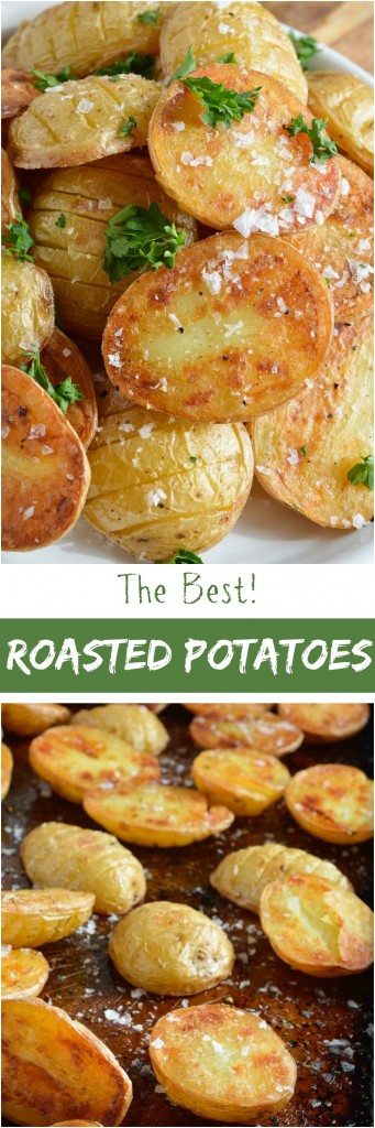 oven roasted potatoes pinnable image with title text
