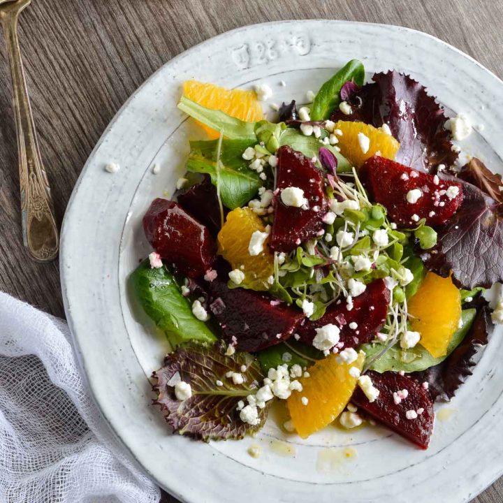 My new obsession is Beet Salad with Goat Cheese and Orange Vinaigrette Dressing. The bright orange dressing, creamy goat cheese crumbles and earthy beets were made for each other. The perfect blend of flavors!