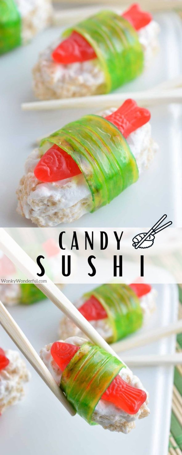 The kids will go crazy for this Candy Sushi! Made with rice crispy treats, Swedish fish candy and fruit roll ups. This dessert sushi recipe is easy to make, portable and great for parties. #partyrecipes #kidfood #candysushi candy sushi pinnable image with title text