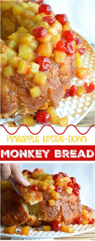 This Pineapple Upside Down Monkey Bread Recipe is an easy and delicious family dessert! Pull-apart monkey bread topped with caramel, pineapple and cherries. The perfect dessert to share with a crowd!