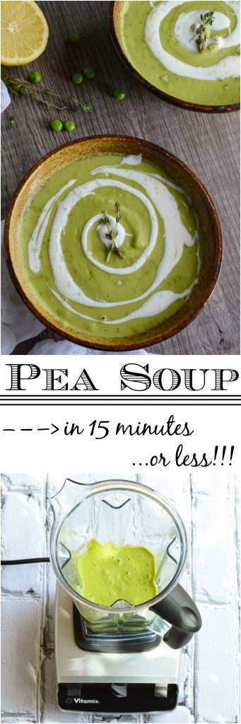 Make this Easy Pea Soup Recipe with frozen peas right in your blender! This soup is bursting with bright lemon flavor and topped with cool crème fraîche. Hot or cold, this soup makes a great vegetarian lunch or dinner in 15 minutes or less!