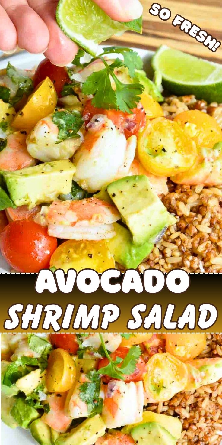 Craving a bright and flavorful meal that is full of fresh ingredients? Make this healthy Avocado and Shrimp Salad Recipe for a nutritious, gluten free and satisfying lunch or dinner! Serve this fresh avocado, tomatoes, lime, cilantro and shrimp on top of rice. avocado shrimp salad pinnable image