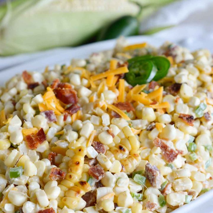Bring on Summer and Barbecue season! This Jalapeño Popper Grilled Corn Salad Recipe brings so many great flavors together in one amazing side dish! Fresh grilled corn, bacon, jalapeño and cheddar cheese in a creamy summer salad.