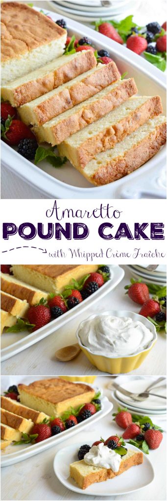 Make this Amaretto Pound Cake Recipe with Whipped Crème Fraîche for a simple and indulgent dessert. This easy homemade cake is flavored with almond and amaretto then baked in a loaf pan. Serve with fluffy whipped vanilla crème fraîche and fresh berries for a gorgeous sweet treat!