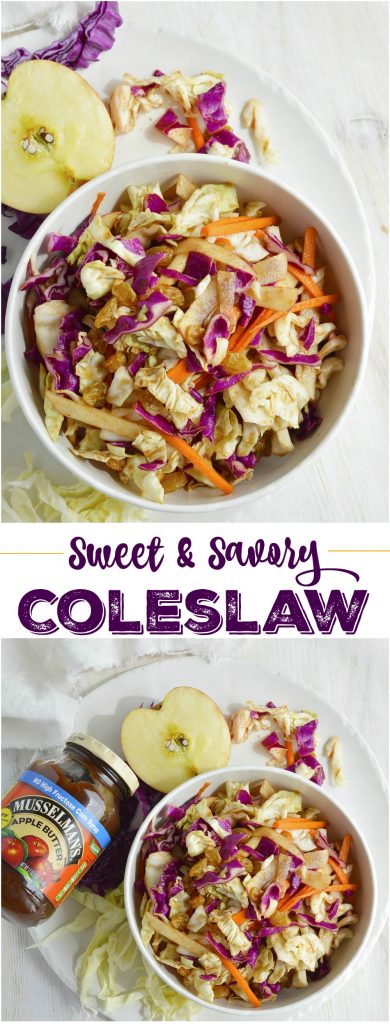 Try a unique twist on your favorite barbecue side dish. Instead of plain coleslaw make this Sweet and Savory Cabbage Apple Slaw! Red and green cabbage, carrots, apples, golden raisins tossed with a tangy apple vinegar dressing.