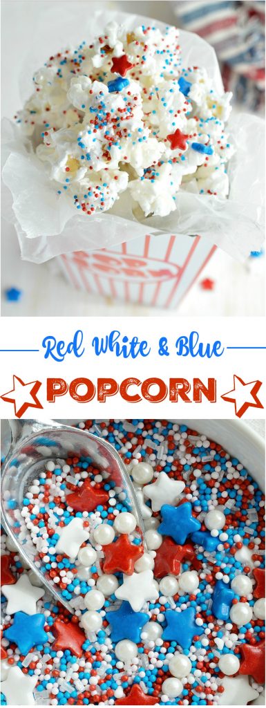 Make an easy and festive treat to enjoy while watching the fireworks. 4th of July Dessert Popcorn is popped microwave popcorn drizzled with white chocolate and topped with Red, White and Blue sprinkles! This patriotic dessert recipe is perfect for feeding a crowd!