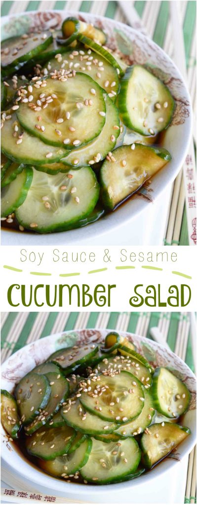This Cucumber Salad Recipe is a quick, easy side dish that is perfect for summer! Thinly sliced cucumbers in a soy sauce sesame seed dressing. A cool vegan cucumber salad with Asian flair!