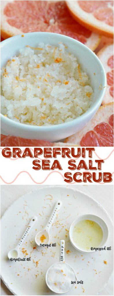 Get ready for flip flop season with this Grapefruit Sea Salt Body Scrub Recipe! This diy scrub is simple to make and smells divine. A natural homemade skin care product made with sea salt, coconut oil, grape seed oil and grapefruit essential oil.