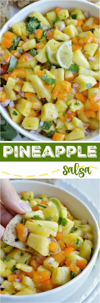 If you want a fresh and fruity summer snack, make this Pineapple Salsa Recipe! It just takes a few simple ingredients and about 5 minutes to make this tasty appetizer. Perfect for summertime parties and backyard barbecues! #salsarecipes #pineapplesalsa #summerfoodideas #barbecuefood #paleorecipes fresh pineapple salsa recipe photo collage