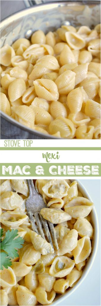 This super easy macaroni and cheese recipe is ready in 30 minutes or less! Mexi Style Stovetop Mac and Cheese is a blend of cheeses, taco seasoning and green chiles for the ultimate comfort food dinner. With a three cheese blend, Velveeta and Mexican Crema this is sure to be the ooey-gooey-cheesy deliciousness that you crave!