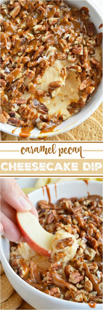 If you need a last minute dessert recipe that is sure to be a hit this Salted Caramel Pecan Cheesecake Dip is it! Caramel marshmallow fluff cream cheese filling is topped with pecans, caramel and flaked salt. This dessert dip is so tasty and only takes 5 minutes to make! Great for potlucks, game day or holiday dessert! #nobakedessert #dessertdiprecipes #dessertrecipes #easydessert #cheesecakedip