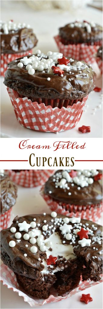 These Cream Filled Cupcakes are super easy to make and are sure to be a hit! Cake mix chocolate cupcakes are filled with luscious vanilla cream then topped with chocolate glaze frosting and sprinkles. This semi-homemade dessert recipe is just one of many treats from The Domestic Rebel's new cookbook, Out of the Box Treats.