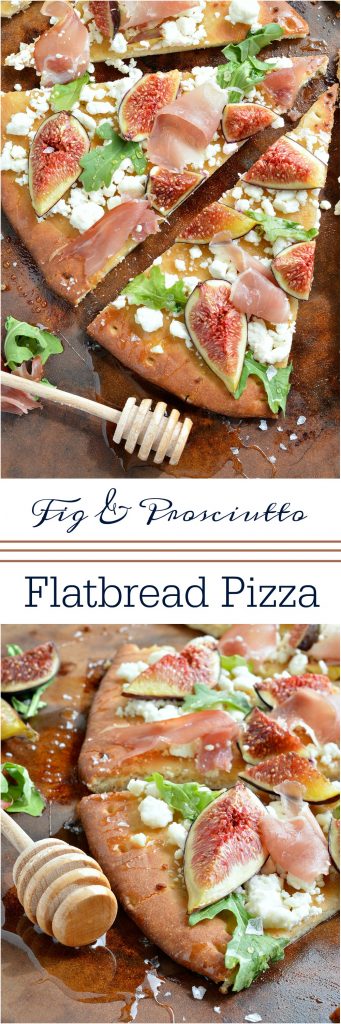 If you need a quick and easy dinner idea I am here for you! This Fig and Prosciutto Flatbread Pizza Recipe is a great no-fuss meal. Fresh figs, crumbled goat cheese, prosciutto, peppery greens, honey and flaked salt make this flatbread pizza ultra delicious . . . and perfect with a glass of wine! This meal comes together in about 15 minutes!