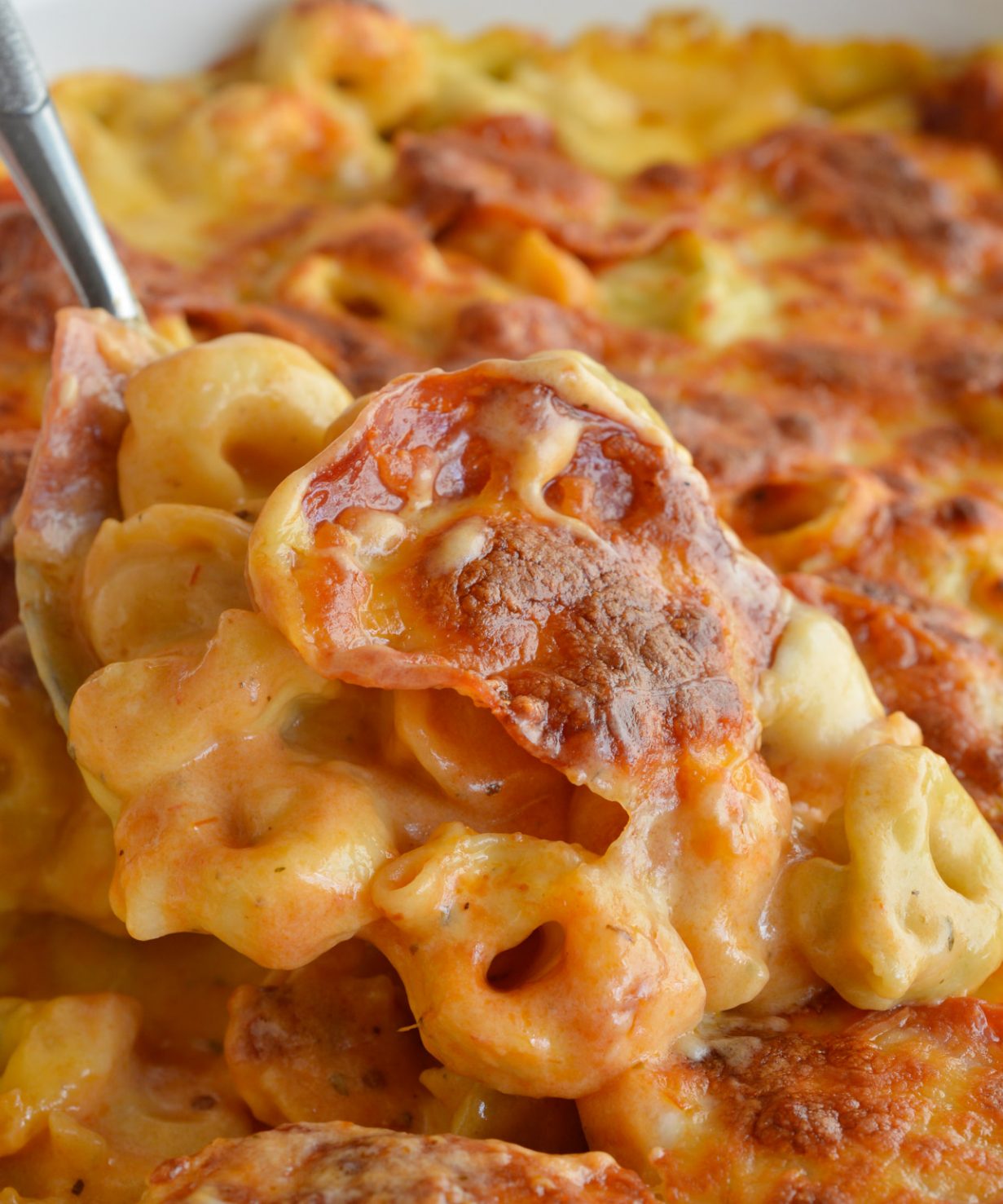 If you love macaroni & cheese and pepperoni pizza you will flip for this Cheese Tortellini Pepperoni Pizza Casserole Recipe! This tortellini mac & cheese is combined with the flavors of pepperoni pizza then baked to bubbly, cheesy perfection. This dinner is sure to become your family's new favorite comfort food!