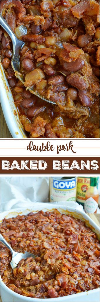 The pulled pork and bacon in this Double Pork Baked Beans Recipe makes it perfect as a side dish or dinner! Homemade pork and beans is super easy and delicious. This dish is great for feeding a hungry crowd!