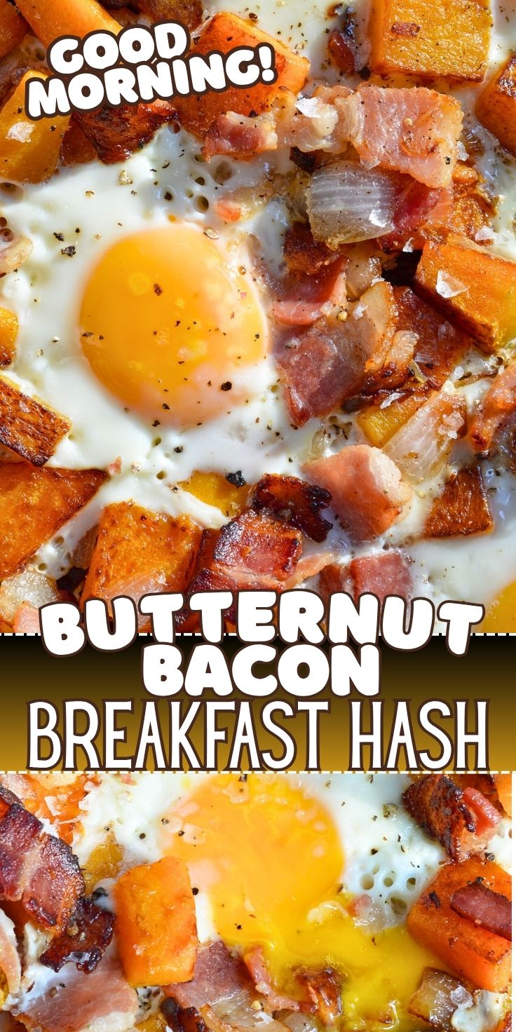 The air is getting chilly and it is time for cozy comfort food. This Fall Breakfast Hash Recipe will get you going in the morning! It is an easy breakfast recipe made with butternut squash, bacon, onions and eggs. breakfast hash recipe pinnable image