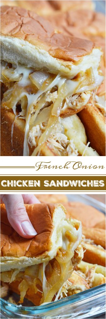 These Cheesy French Onion Chicken Sandwiches are the ultimate party or game day food! Soft rolls loaded up with slow cooker chicken, caramelized onions and loads of melt cheese. This is the perfect recipe to feed your hungry crowd!