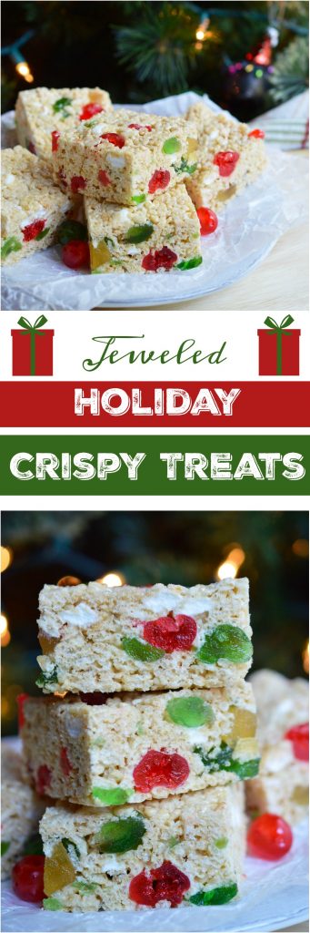 These Holiday Jeweled Krispy Treats are great for a last minute Christmas or New Year's dessert. This crispy treat recipe is inspired by fruit cake with a hint of rum flavor and colorful candied fruit!