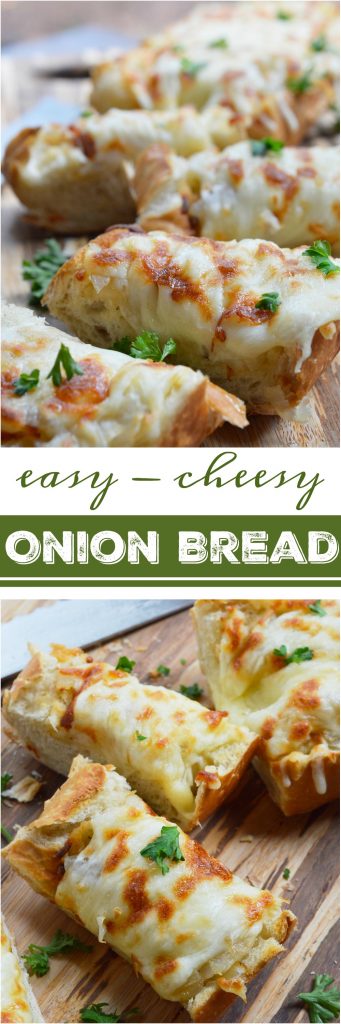 It doesn't get easier than this Cheesy Onion Bread recipe. French bread topped with sweet onions sautéed to golden perfection and mozzarella cheese makes a great appetizer or side dish.