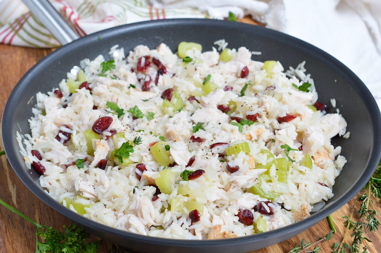 This Turkey Cranberry Rice is great for using up that leftover Thanksgiving turkey. All of the holiday flavors come together in this easy one-pan dinner recipe!