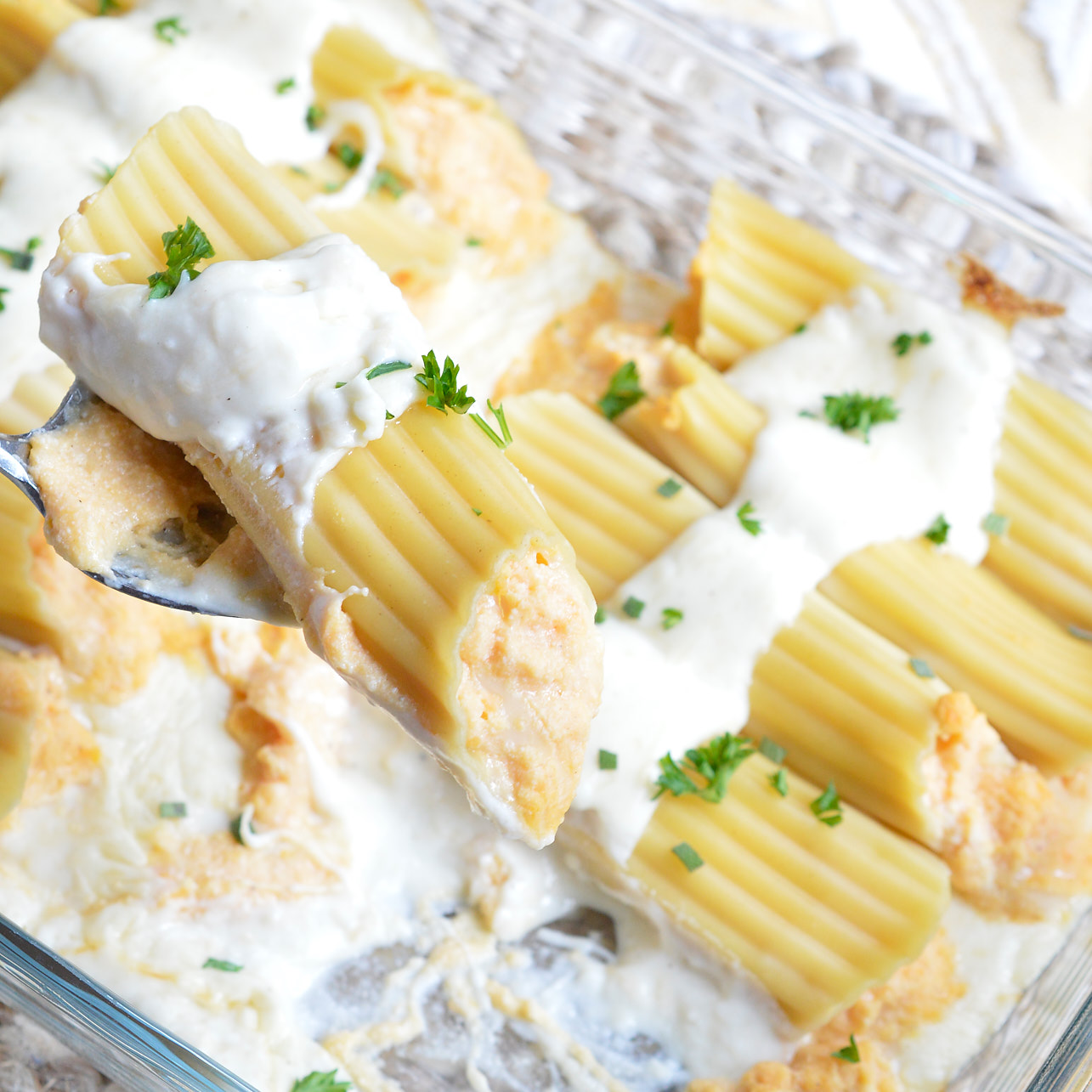 This Sweet Potato Cheese Manicotti Recipe is a new twist on family holiday dinner. Manicotti pasta is stuffed with a ricotta sweet potato mixture and slathered with cheesy sage alfredo sauce! This makes a great meatless holiday meal, side dish or the perfect way to use up those leftovers!
