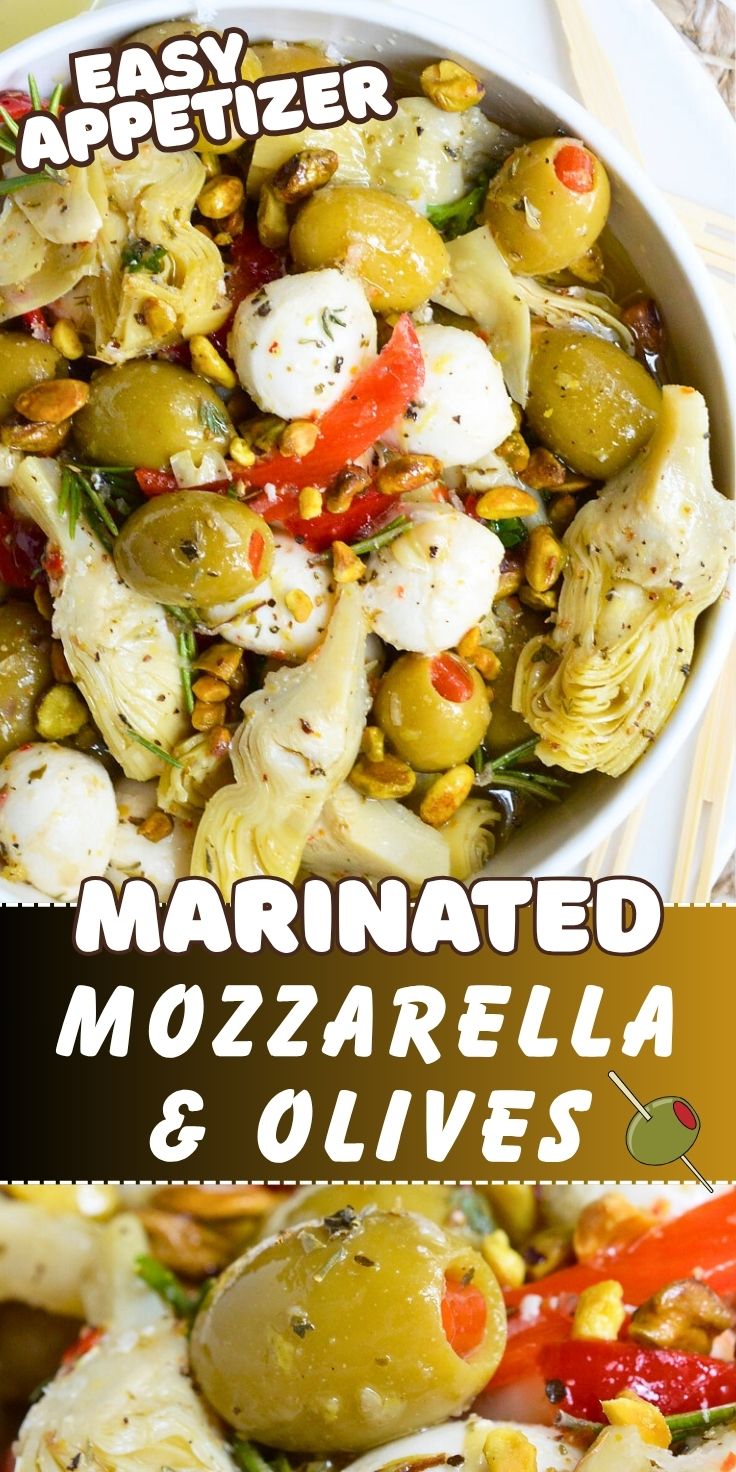 For a quick and easy appetizer, make these Marinated Mozzarella Balls, Artichokes and Olives. This appetizer recipe is full of garlic and fresh herb flavor. Perfect for serving at holiday feasts and parties! marinated mozzarella and olives pinnable image