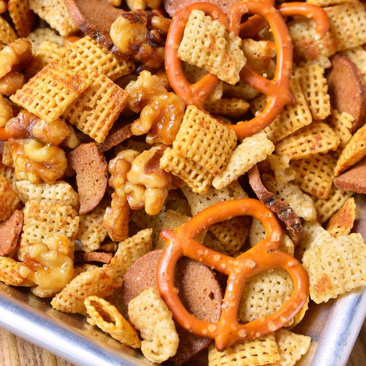 Your favorite snack just got tastier! This Sweet and Salty Chex Mix Recipe combines all your favorite Chex party mix ingredients with maple glazed nuts for a sweet surprise.