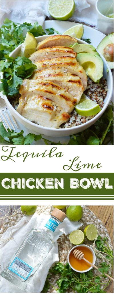 collage photo of tequila lime chicken quinoa bowl