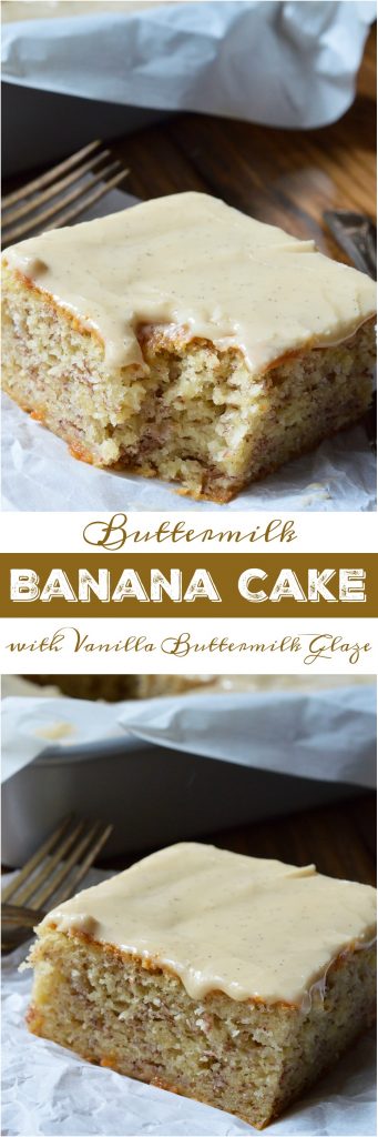 Do you have a few brown overripe bananas hanging out on your counter? If so, this Buttermilk Banana Cake Recipe with Vanilla Buttermilk Glaze must happen! This cake has the great flavor of banana bread with the perfect moist, cakey consistency. The Vanilla Buttermilk Glaze makes this cake the ultimate indulgent dessert!