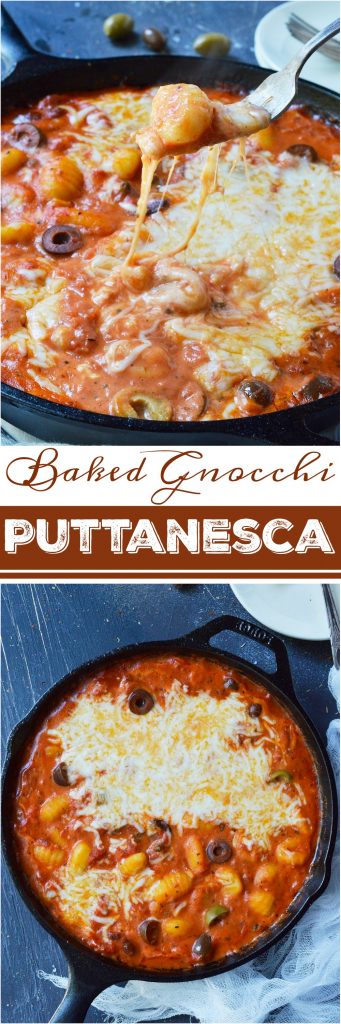 Do you want an easy dinner with unique flavor? This Puttanesca Baked Gnocchi Recipe is a fun twist on a traditional pasta meal! Gnocchi are slathered in this briny red sauce filled with olives then topped with mozzarella and baked to perfection.