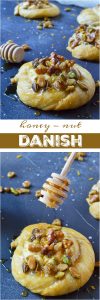 Do you want to make an amazing breakfast pastry without all the fuss? This Honey Nut Cream Cheese Danish Recipe is unbelievably simple. Use crescent rolls as a shortcut then fill with orange infused cream cheese, top with honeyed walnuts and pistachios. A cheese danish with flavors inspired by baklava!