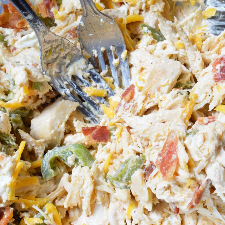 This Jalapeño Popper Chicken Salad is the ultimate! Creamy chicken salad with roasted jalapeños, bacon and cheddar cheese. Say goodbye to boring ol' chicken sandwiches and have Jalapeño Popper Chicken Wraps instead.
