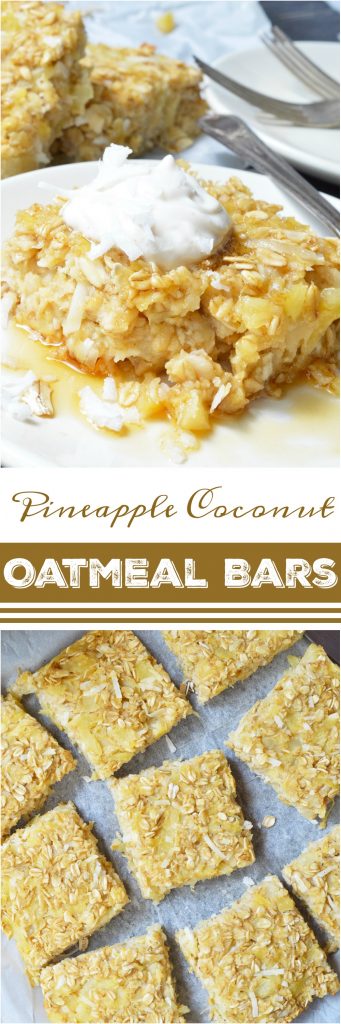 If you want a sweet and satisfying breakfast, these Pineapple Coconut Dairy Free Baked Oatmeal Bars are perfect! This super simple recipe is a great way to liven up your morning oatmeal. Oatmeal, pineapple and coconut are baked and served like cake with a dollop of vanilla yogurt and a generous drizzle of maple syrup. This gluten free, vegetarian, dairy free breakfast will be a hit!