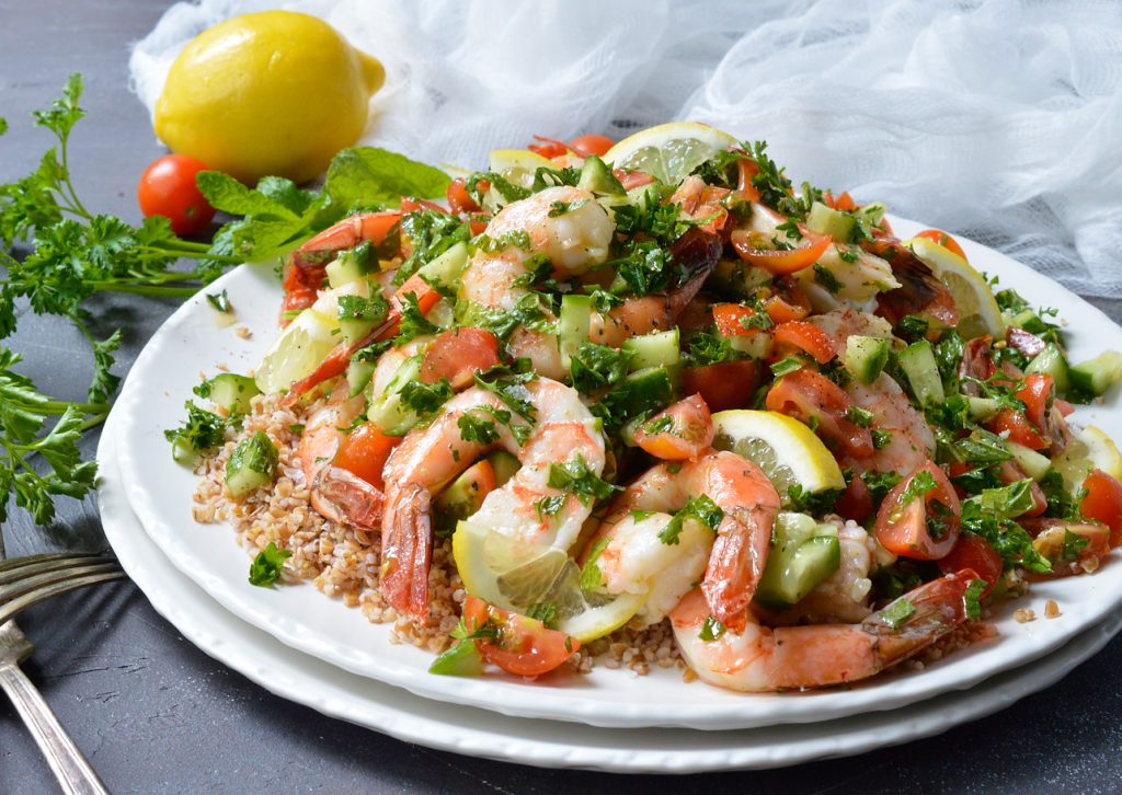 shrimp tabbouleh salad on white plate