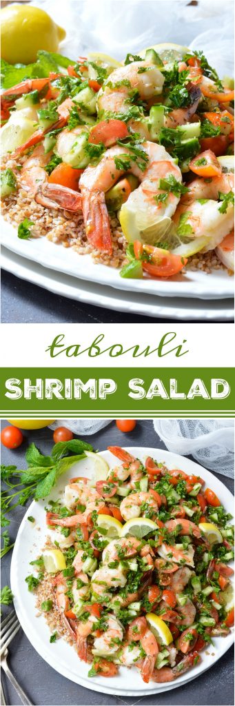 Looking for a healthy, nutritious meal with tons of flavor? This Tabouli Shrimp Salad Recipe has it all! Made with the traditional tabbouleh ingredients of mint, parsley, lemon, tomatoes, cucumber and lemon. The addition of shrimp makes this a satisfying meal that is great for lunch or dinner. (includes low carb - Whole30 option) #taboulisalad #tabouli #tabboulehsalad #saladrecipes #shrimpsalad #shrimprecipes #healthyrecipes #easydinnerrecipes #whole30recipes