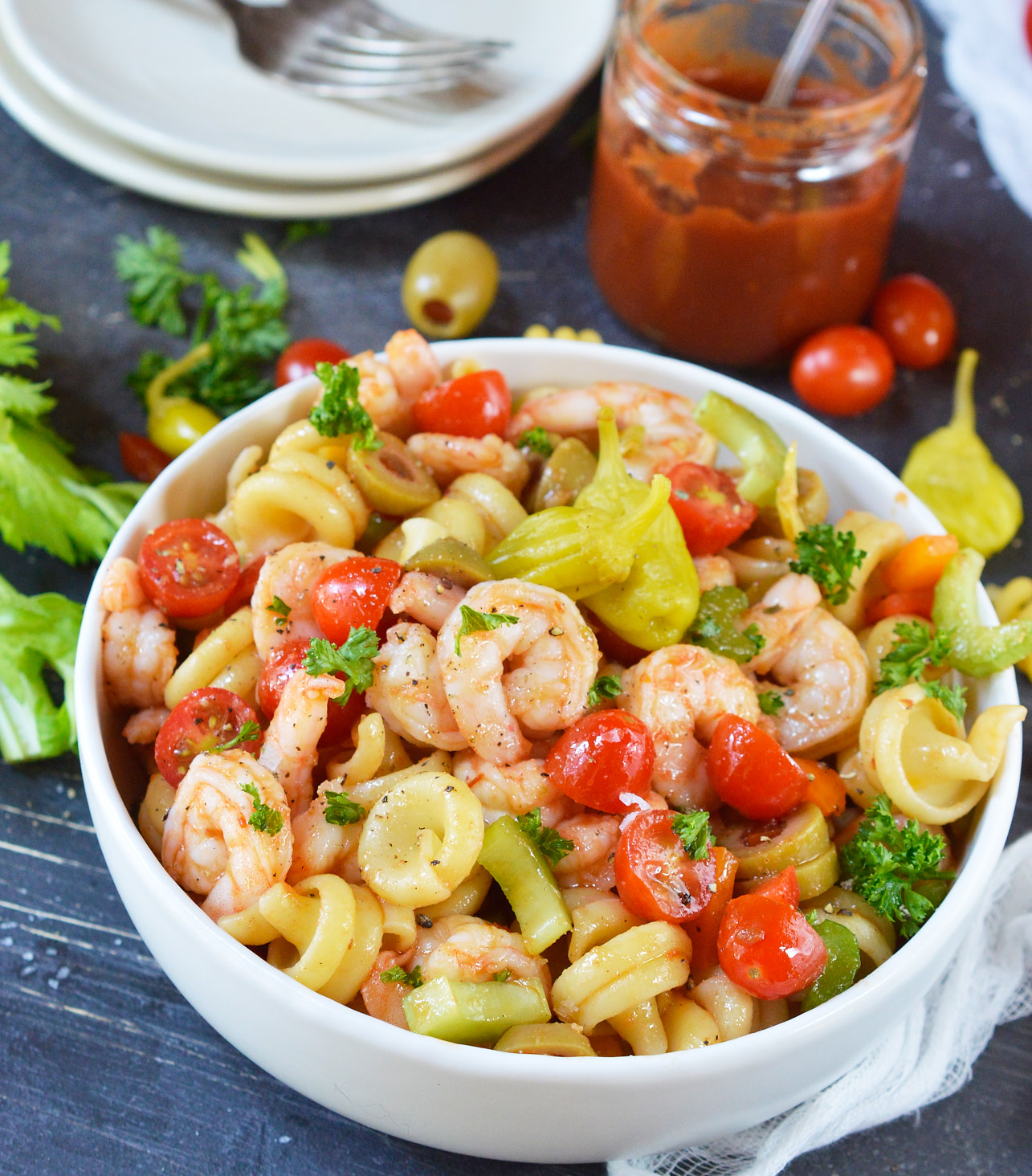If you are looking for bold and unique flavors, this Bloody Mary Shrimp Pasta Salad Recipe will be a hit! This cold shrimp pasta salad has no mayo and all the great flavors of a Bloody Mary cocktails, without the vodka. This is a perfect party side dish!