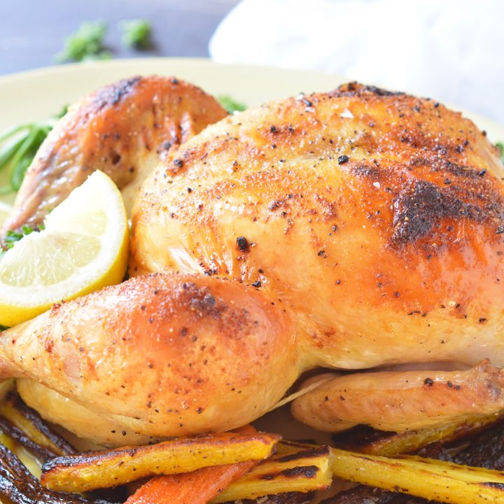 This Zesty Italian Oven Roasted Whole Chicken Recipe requires only 3 ingredients and less than one hour of cook time! Do you want to feed your family nutritious homemade dinners on a more regular basis? Serve your family a juicy, flavorful whole roasted chicken dinner on a busy weeknight. How crazy is that!?!?