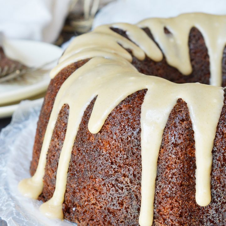 Need a dessert recipe that is easy, delicious and impressive? This Brown Butter Glazed Bundt Cake Recipe is all of those! This moist cake is flavored with apple butter then topped with brown butter glaze. A guaranteed crowd pleaser!