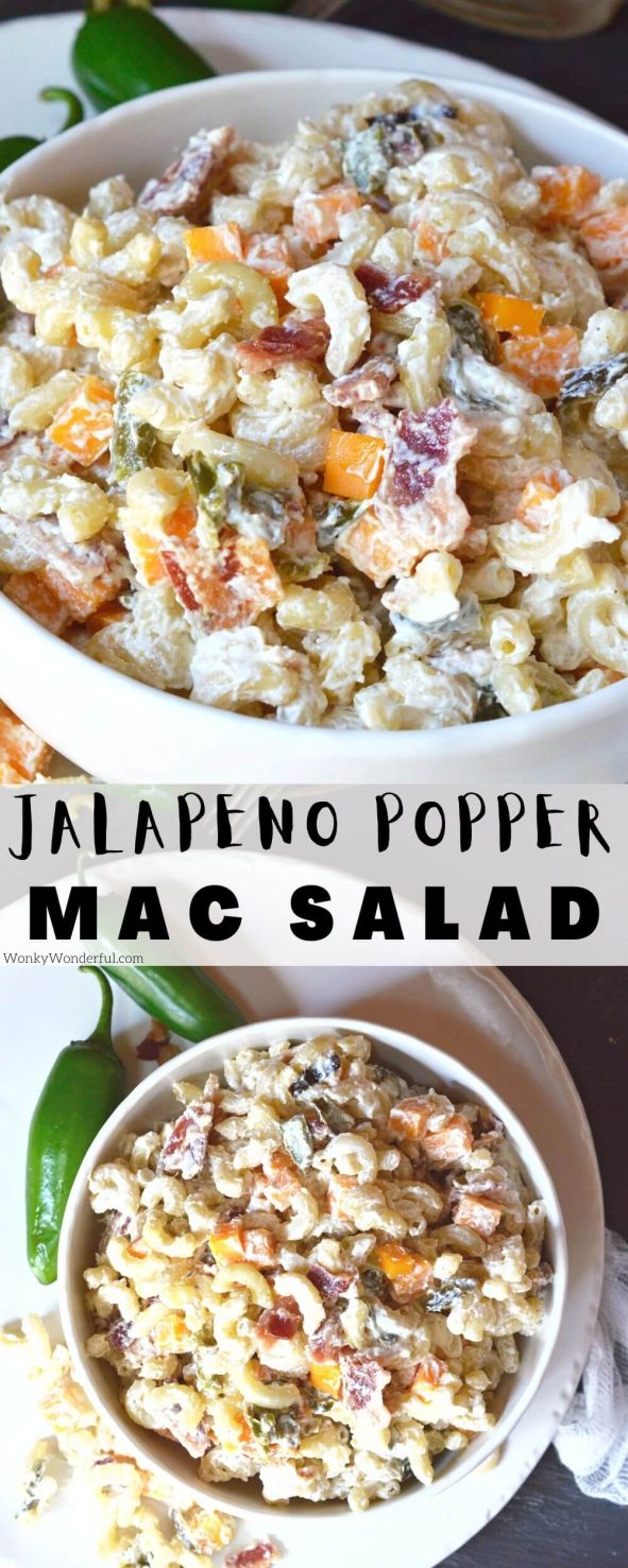 Just in time for barbecue season, this Jalapeño Popper Macaroni Salad Recipe makes a fantastic side dish! Your favorite pasta salad made with cheddar, bacon and roasted jalapeños for a fun twist. macaroni salad recipe pinnable image with title text