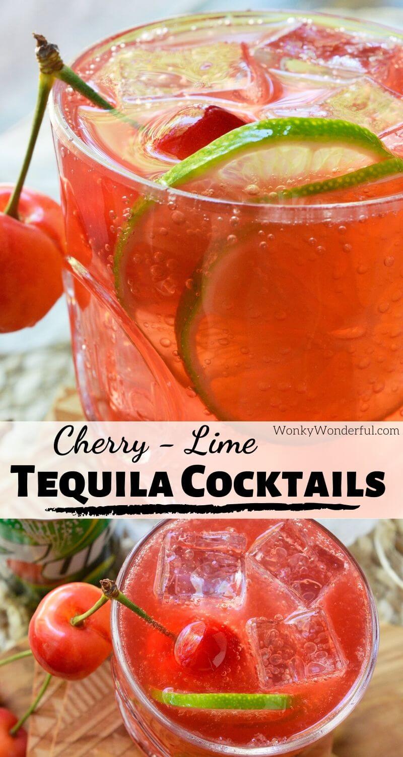 End your day with a refreshing, happy drink. This Cherry Lime Tequila Cocktail is fizzy, sweet and tangy. The perfect combination of cherry, lime, tequila and 7UP. #tequiladrinkrecipes #tequilacocktailrecipes #cocktailrecipes #drinkrecipes tequila cocktail photo collage