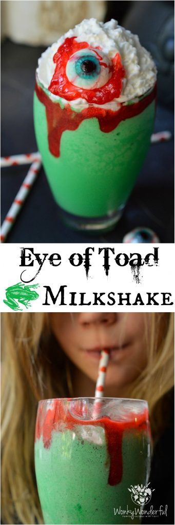 Make this Eye of Toad Halloween Milkshake Recipe for all of your creepy little monsters! This Halloween dessert is made with cookies and cream ice cream, green coloring, whipped cream, red blood gel and topped with a gummy eyeball. This fun recipe is kid approved!
