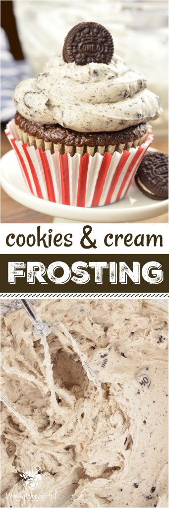 Make your favorite cake recipe or even a boxed cake mix extra special with this Oreo Cookies and Cream Frosting! This buttercream recipe is simple to make and loaded with crushed Oreos. It has a secret ingredient to give it that unique cookies & cream flavor. #wonkywonderful #frosting
