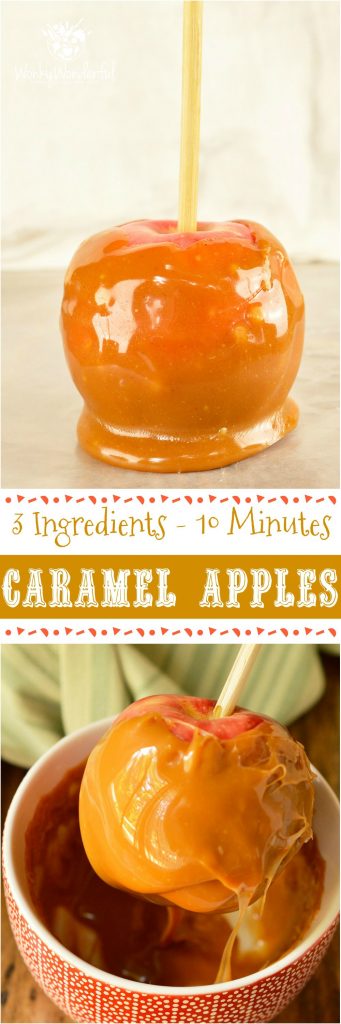 Make this favorite Fall dessert with just 3 ingredients in less than 15 minutes! This Easy Pumpkin Spiced Caramel Apples Recipe is great for Harvest festivals, holiday celebrations or as a Halloween treat. The kids can even help make this fun dessert! #halloween #pumpkinspice @wonkywonderful
