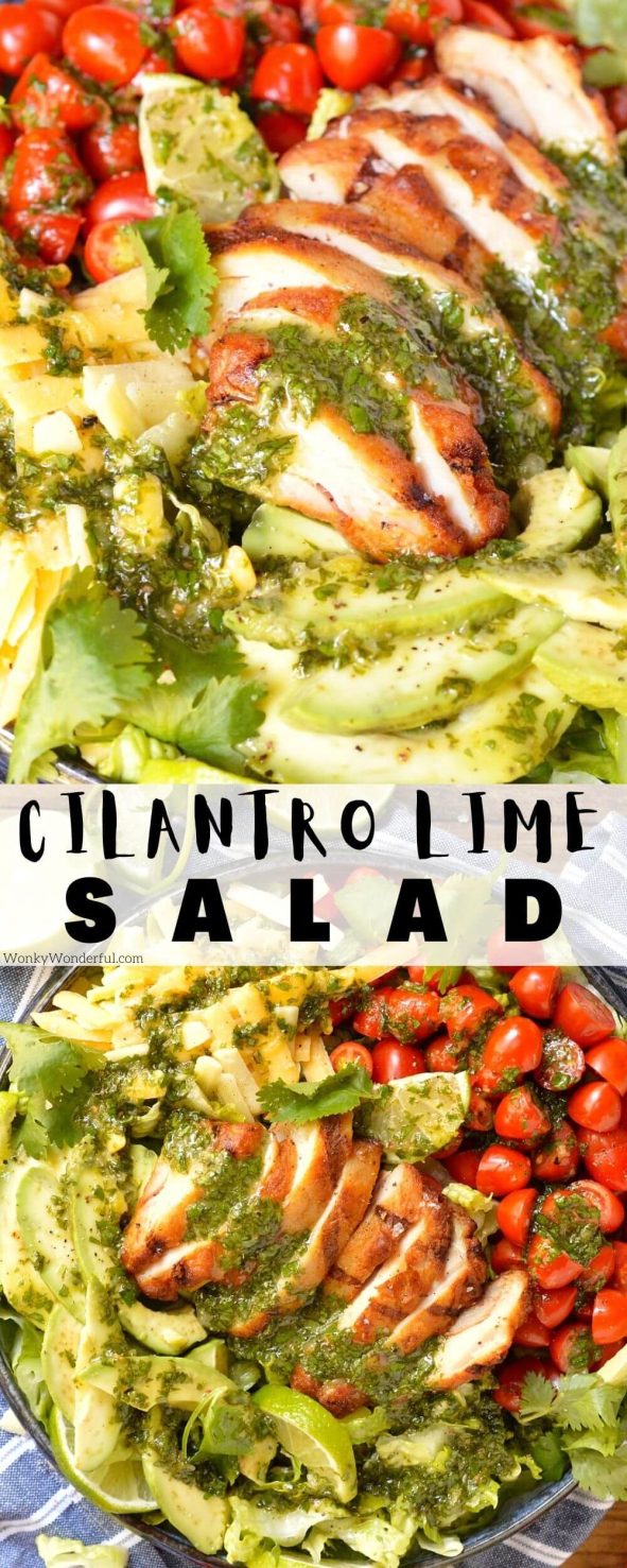For a quick, fresh, easy and nutritious meal look no further than this Grilled Chicken Salad with Cilantro Lime Dressing. Romaine lettuce topped with tomatoes, avocado, cheese, grilled chicken and cilantro lime vinaigrette. cilantro lime dressing pinnable image with title text
