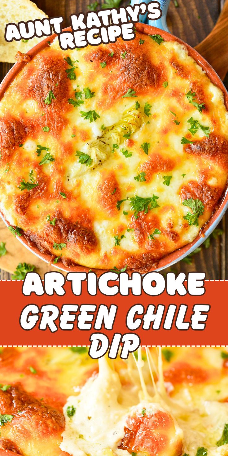 Looking for a cheesy appetizer to feed your hungry crowd? This HOT GREEN CHILE ARTICHOKE DIP RECIPE takes a family favorite to the next level with a punch of green chile flavor! This recipe is quick, easy and perfect for game day or holiday feasts. green Chile artichoke dip recipe pinnable image