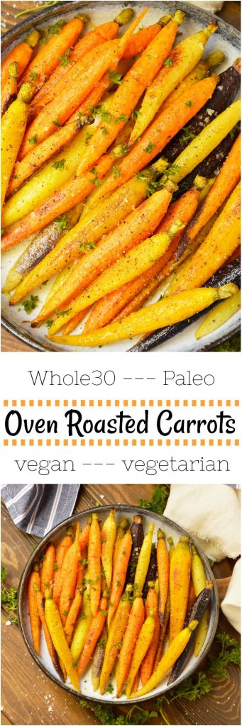 Save some time and make an easy holiday side dish. These Oven Roasted Carrots are a super simple side for your holiday menu or with a weeknight dinner. Rainbow carrots spiced with Adobo seasoning and roasted in the oven. This is a Whole 30 compliant Paleo recipe. #paleorecipe #whole30recipe #roastedcarrots #sidedish #vegan #vegetarian